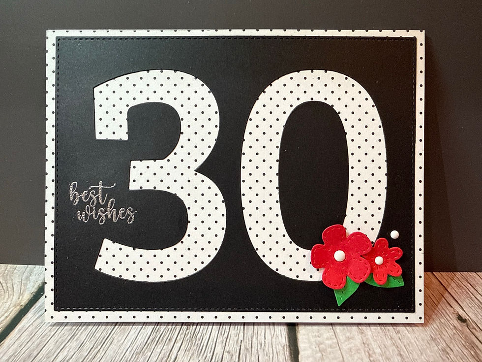 Black background with a large 30 in white with black polka dots; red flowers in corner