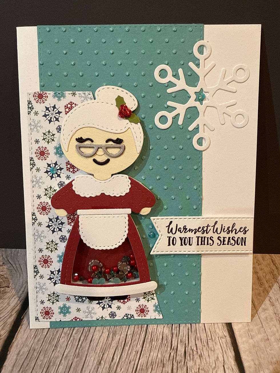 Handmade Christmas card with Mrs. Claus, "Season's Greetings TO YOU THIS SEASON".