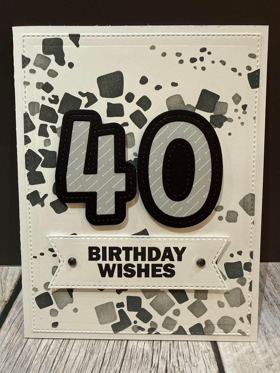 Handmade card; black and grey stenciled pattern
