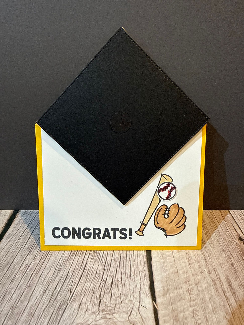 Black graduation cap card featuring baseball bat, glove, and 'CONGRATS!'