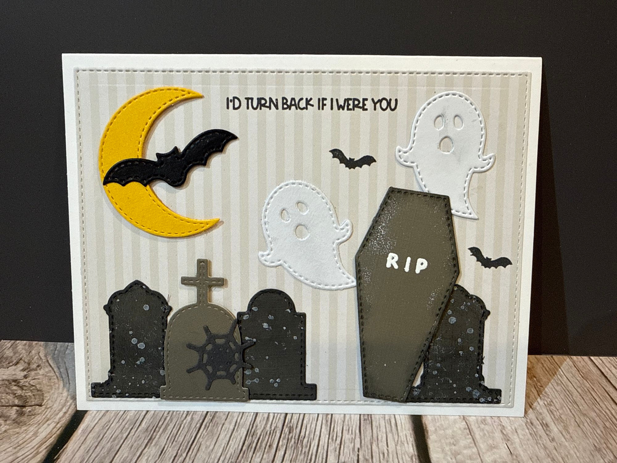 Halloween card: "NO TURN BACK IF I MISS YOU", ghosts, RIP coffin.