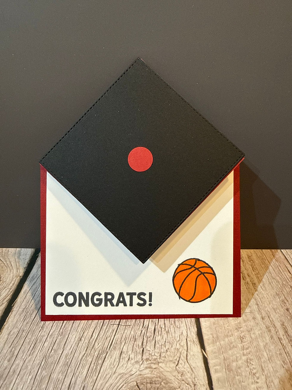Graduation cap card with "CONGRATS!" text and a basketball icon.