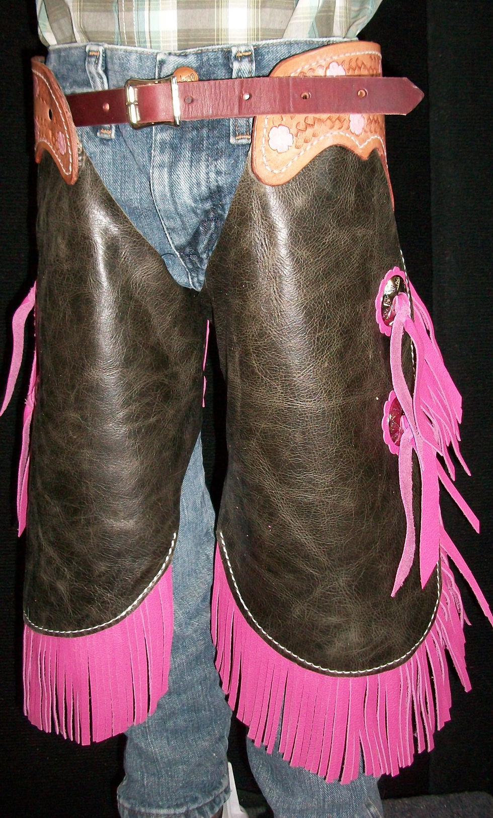 Thumbnail: Custom Made Distressed Leather Kid's Chinks/Pink Leather