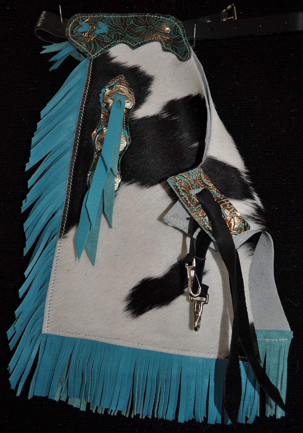 Thumbnail: Custom Made Hair On Cowhide Kid's Rodeo Chaps/Turquoise Leather