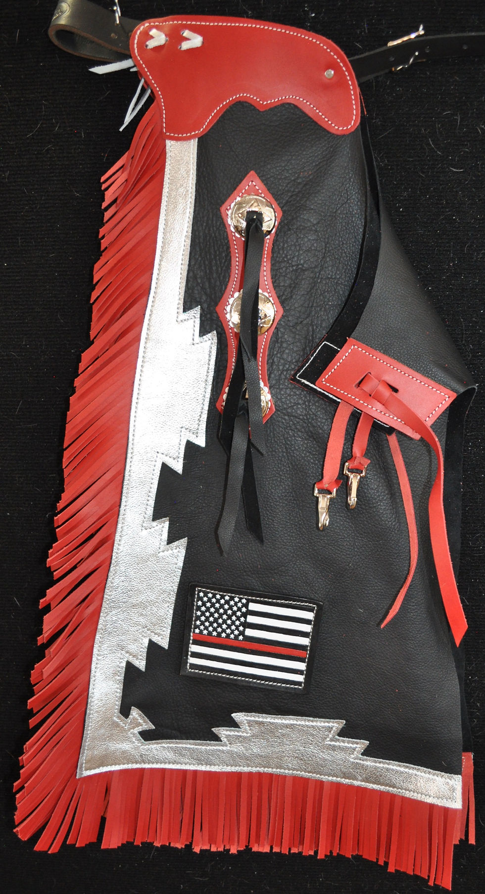 Thumbnail: Custom Made Kid's Rodeo Chaps/Leather/Thin Red Line Flag
