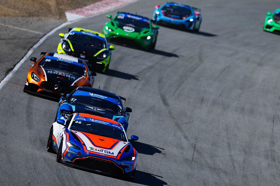 Team TGM No 46 leading a pack of cars in the IMSA Michelin Pilot Challenge.