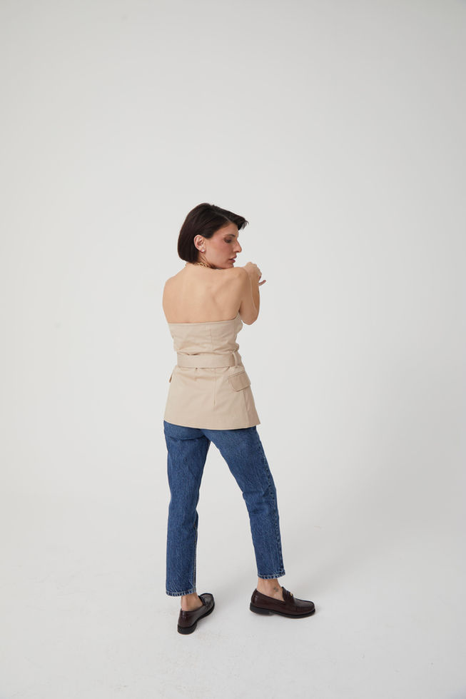 Straplez Önden Düğmeli Cepli Belden Kuşaklı Bluz