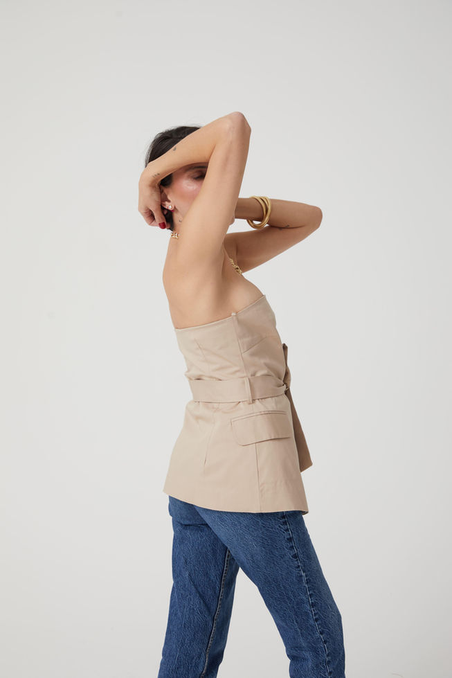 Straplez Önden Düğmeli Cepli Belden Kuşaklı Bluz