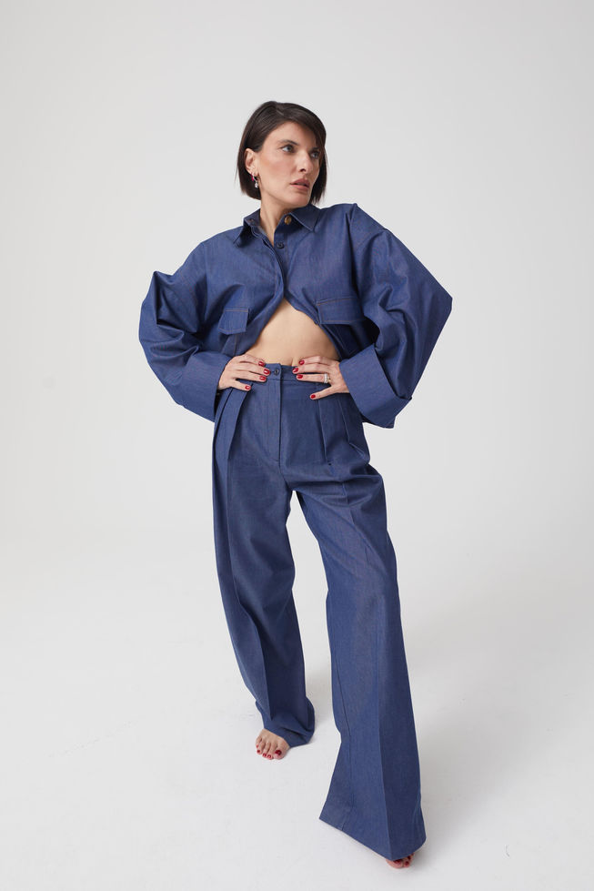 Gizli Pat Etek Kol Ağzı Geniş Astarsız indigo Mavi Crop Ceket