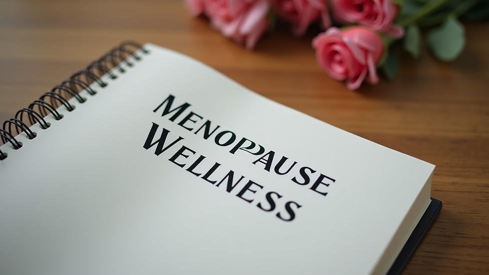 Close-up view of a book titled "Menopause Wellness" on a wooden table