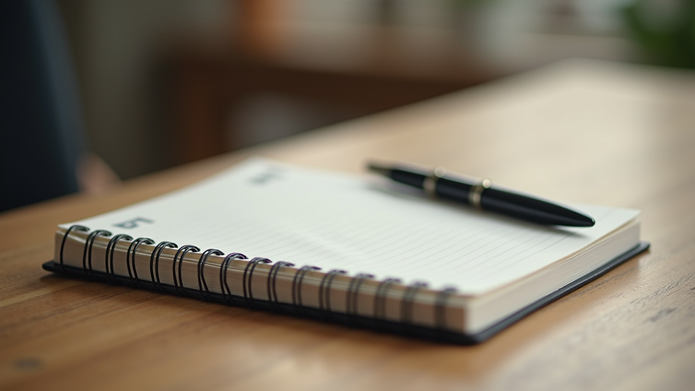 Close-up view of a journal and pen on a wooden table, symbolising self-care and reflection