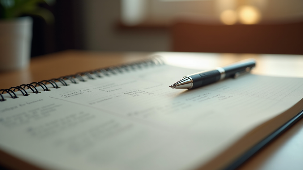 Close-up view of a journal and pen on a wooden table, symbolising personal reflection