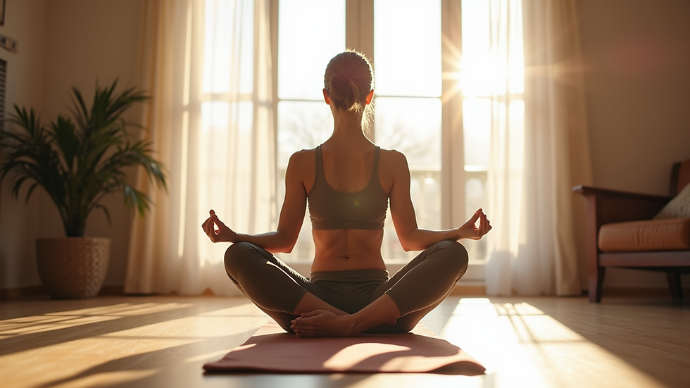 Eye-level view of a woman practising yoga in a sunlit room