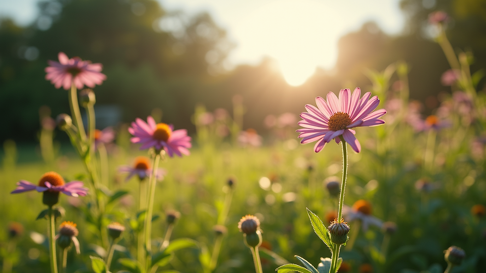 Eye-level view of a serene garden with blooming flowers