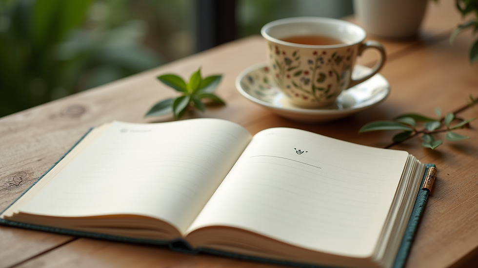 Close-up view of a wellness journal and herbal tea on a wooden table