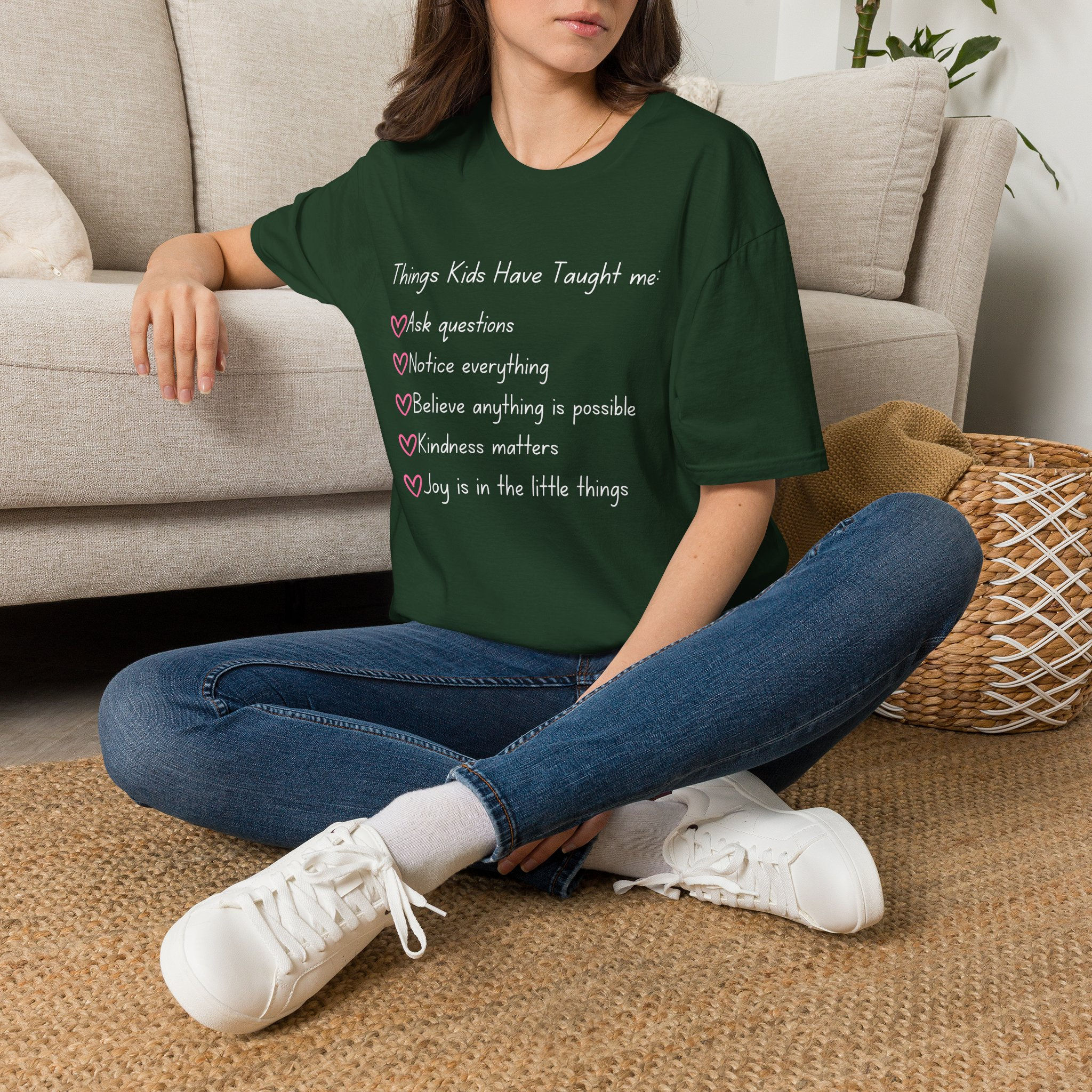 Pink Heart Stack T‑Shirt — Minimal Side Heart Graphic Tee