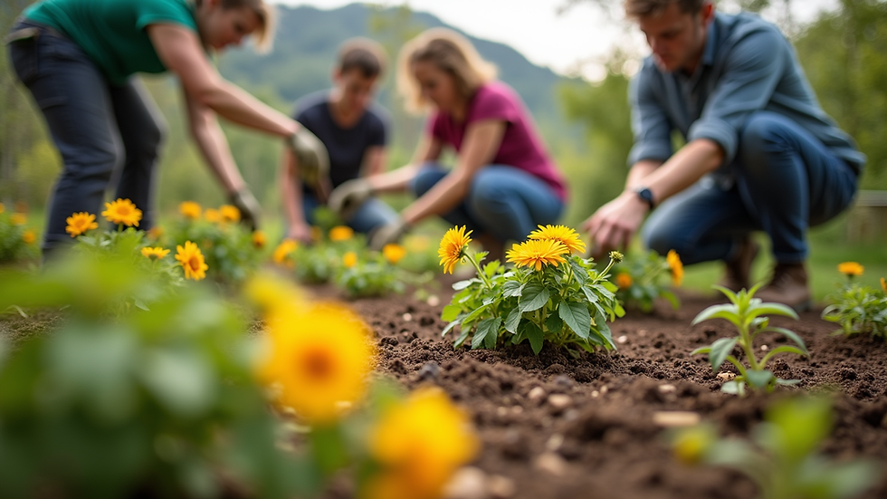 Eye-level view of a community garden with volunteers planting flowers