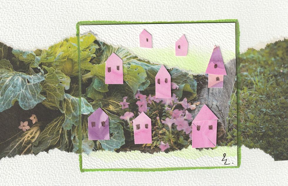 Détail de l'oeuvre "Village Nature" Aquarelle et collage sur papier - Laurence Labé 12/2025