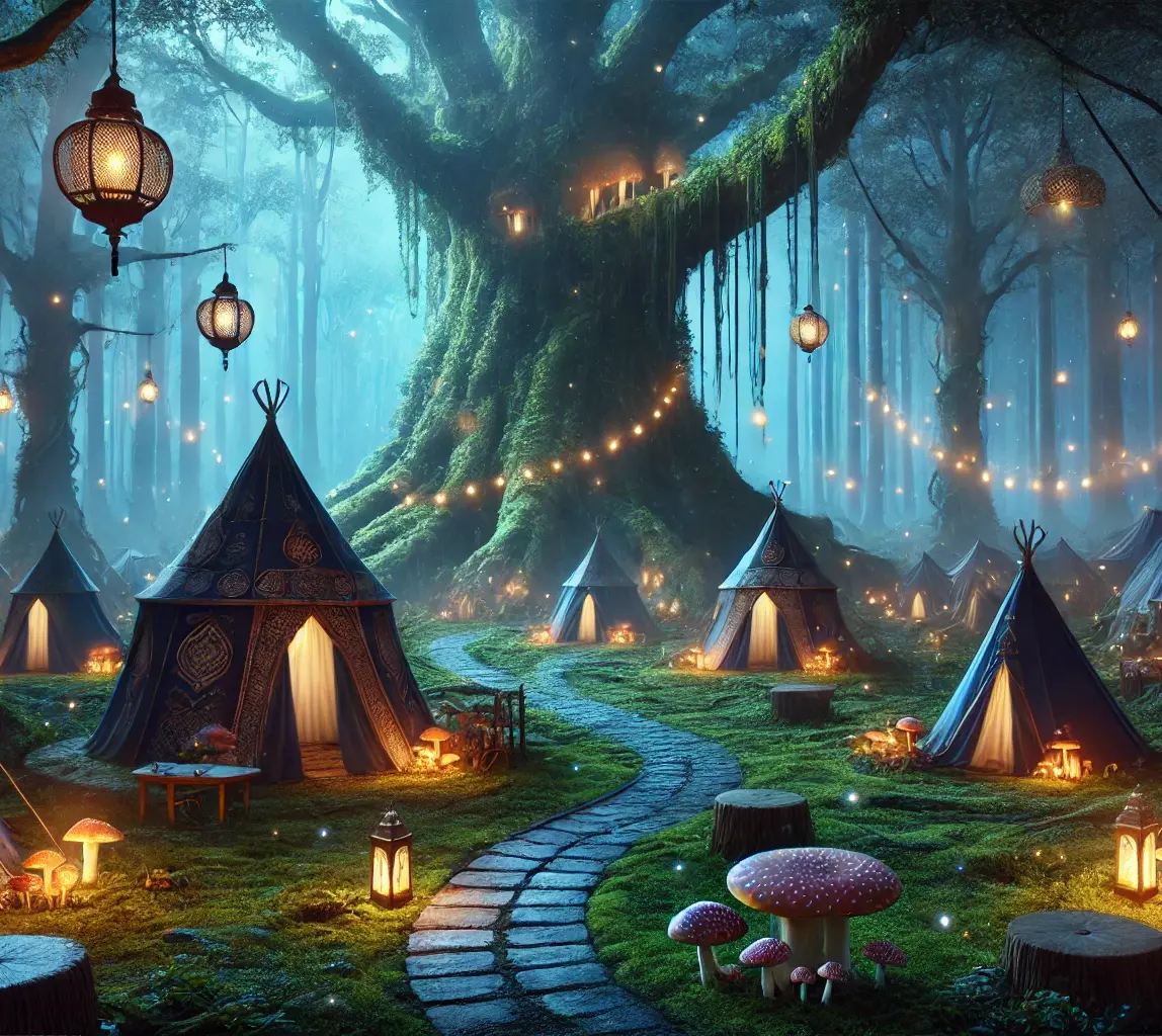 DALL·E 2024-10-14 16.17.29 - A mystical camping scene in a dense enchanted forest at twili
