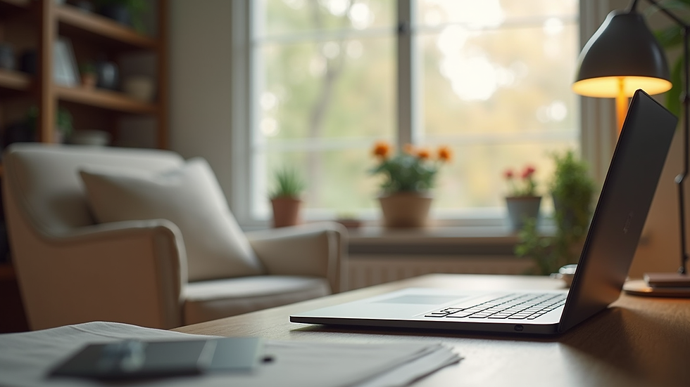 Eye-level view of a serene home office setup with a laptop and a cozy chair