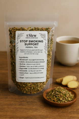 Non Smoking Support Herbal Tea in a clear bag with a product label in front of the bag 