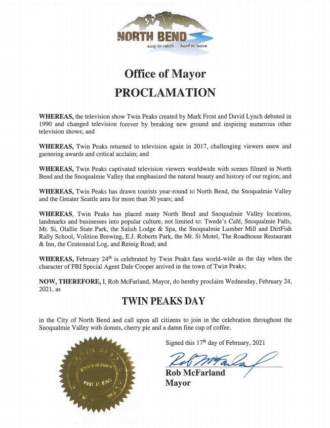 City of North Bend, WA officially recognizes Twin Peaks Day for 2021