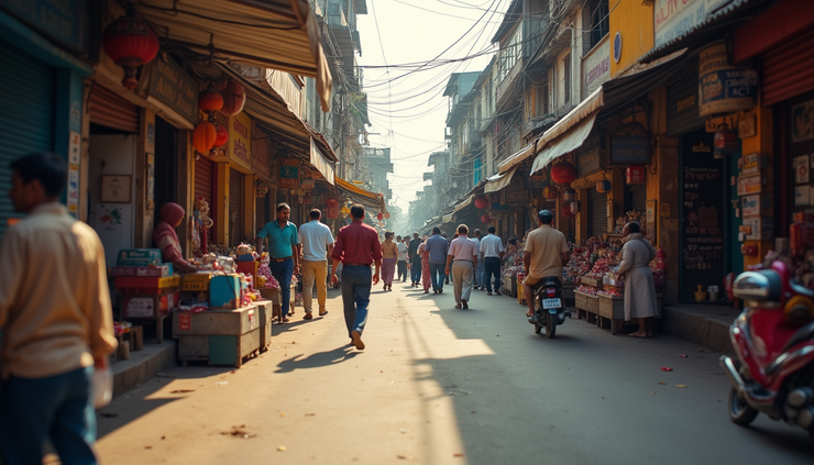 Eye-level view of a busy retail street in Madurai with colorful shop fronts