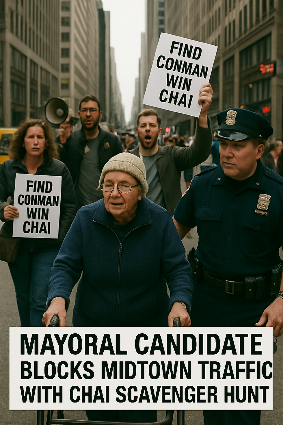A chaotic Midtown Manhattan street scene shows a crowd blocking traffic during a campaign scavenger hunt. Protesters hold bold signs reading “FIND CONMAN WIN CHAI.” An NYPD officer escorts an elderly woman with a walker through the crowd while others shout and raise flyers.
