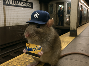 Rat holding metro card with a Yankees fitted cap