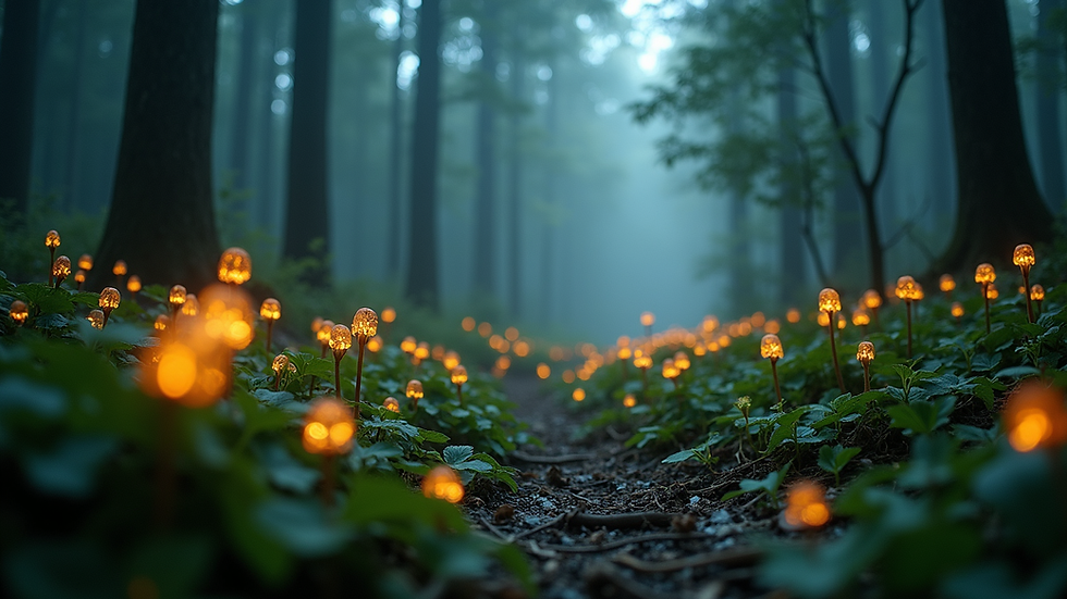 Eye-level view of an ancient enchanted forest with glowing plants