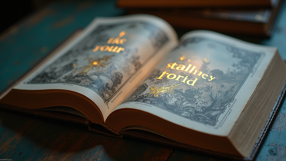 Close-up view of an open book with fantasy illustrations and glowing text