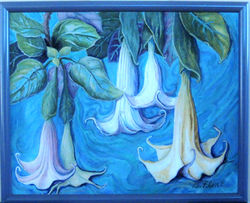 White Trumpet Flowers, acrylic,