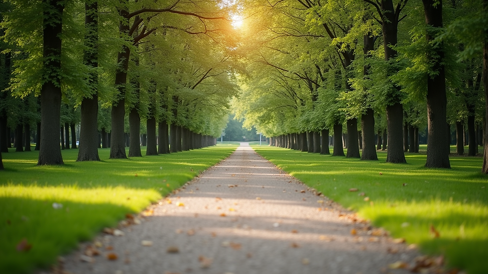 Eye-level view of a serene park with a walking path