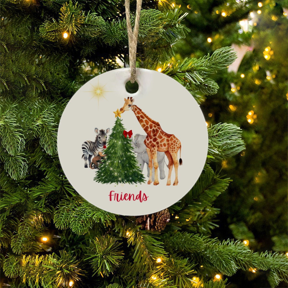 Giraffe and friends Round Christmas Ceramic Decoration Ornaments