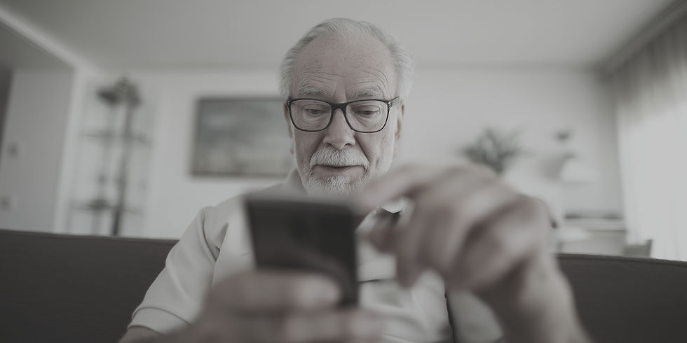 Persona mayor usando telefono movil con familiar y recordatorio de medicación en pantalla.