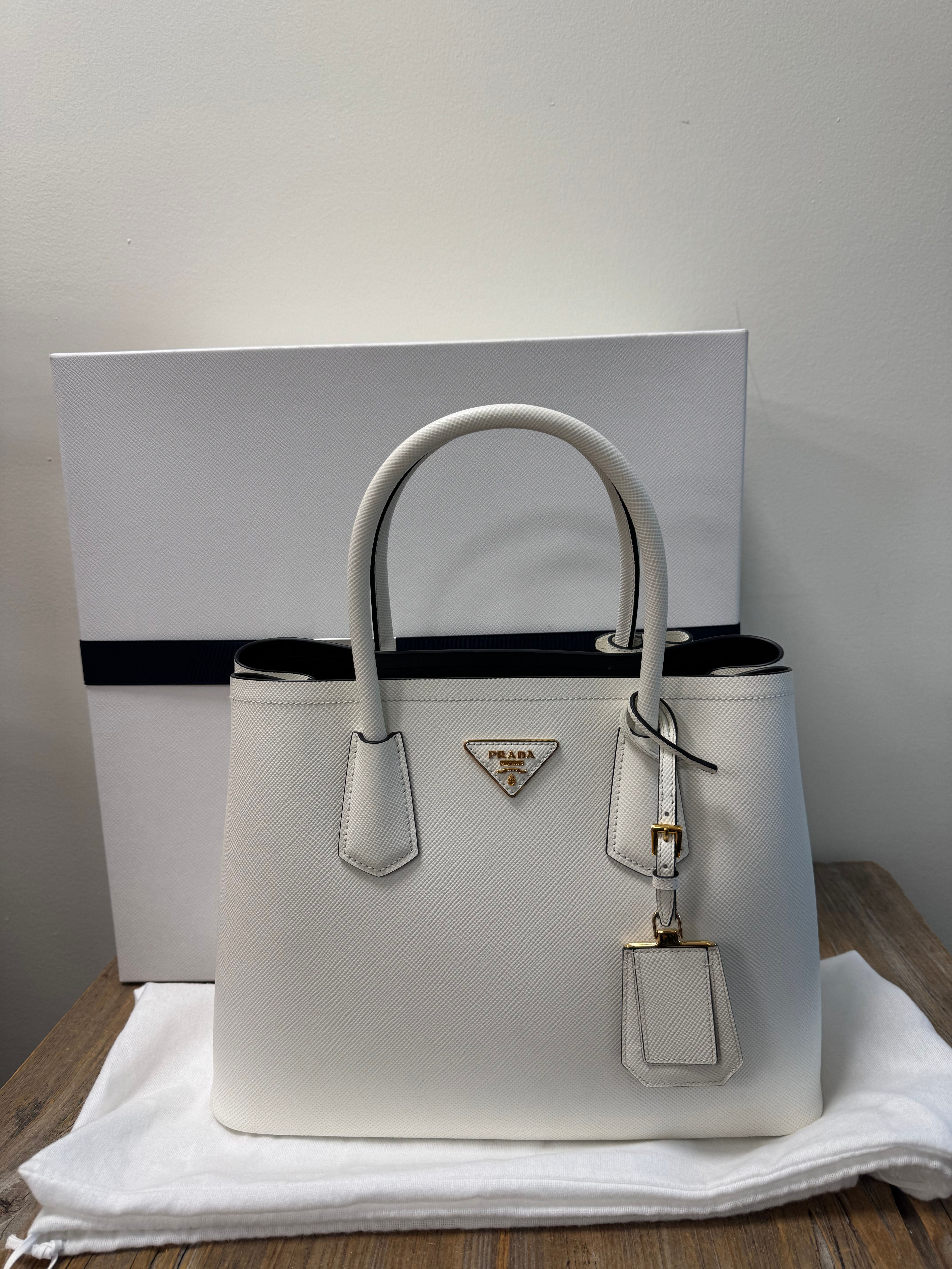 Prada Double Medium in Chalk Saffiano