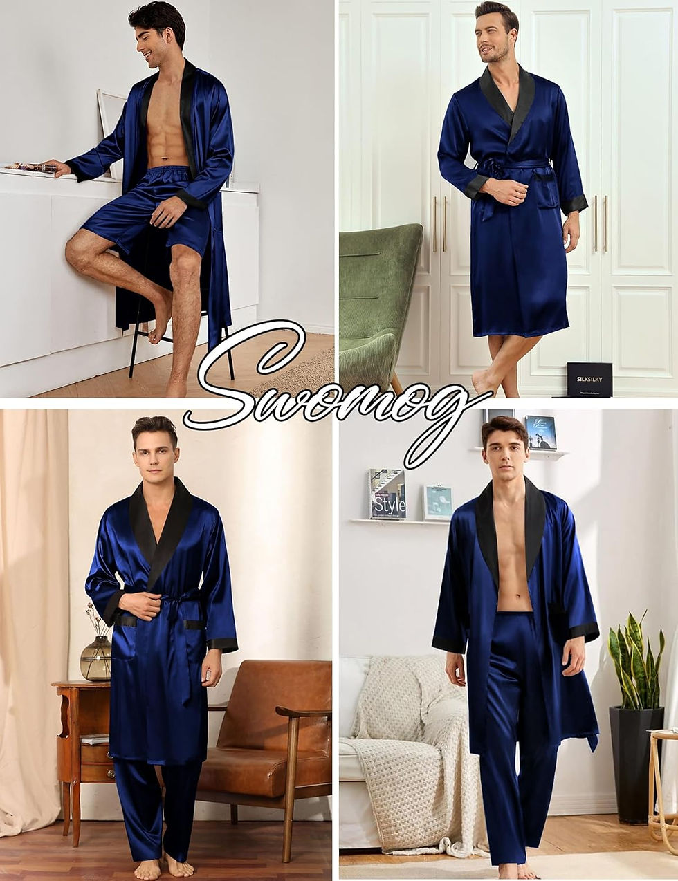 Thumbnail: SWOMOG Men's 3 Pcs Satin Robe 