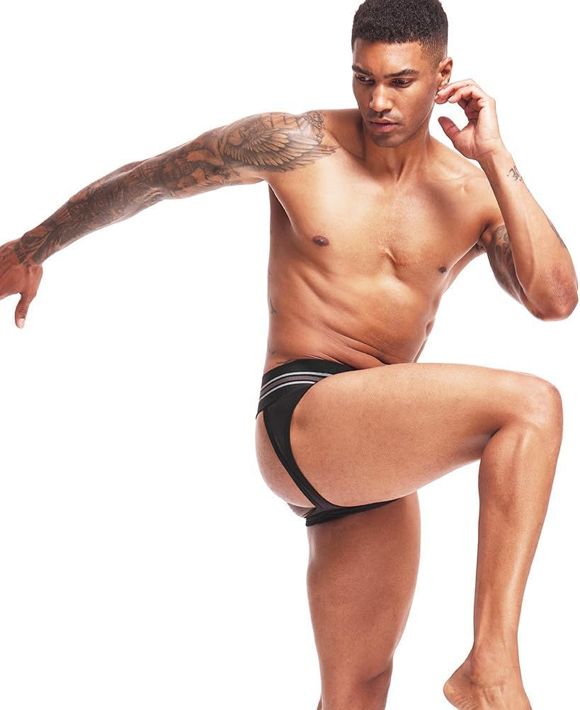 Thumbnail: Muscular toned model demonstrating flexibility of black jockdeily jockstrap. Find on Baba's Wardrobe
