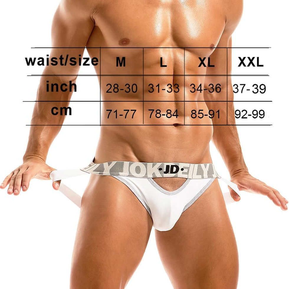 Thumbnail: Sizing guide for Jockdeily athletic supporters/sizing guide with guy in white jockstrap