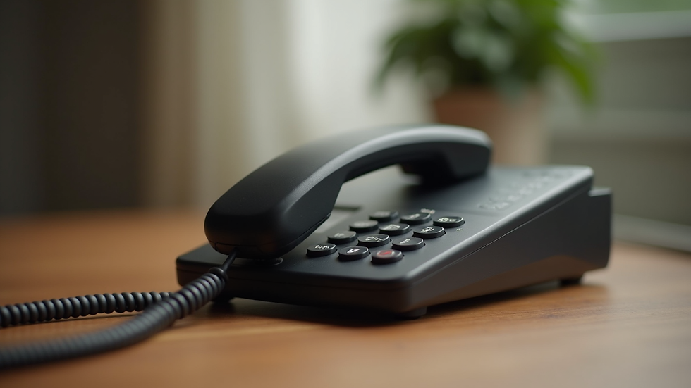 Close-up view of a phone handset resting on a wooden table