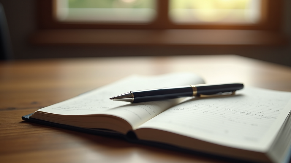 Close-up view of a journal and pen on a wooden table, ready for writing