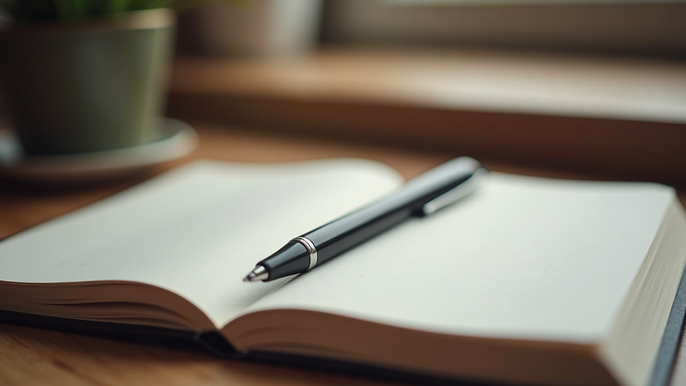 Close-up view of a journal and pen on a wooden table