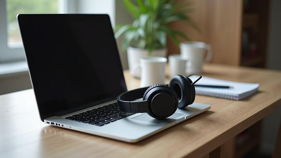High angle view of a laptop and headphones on a desk, representing online mental health resources
