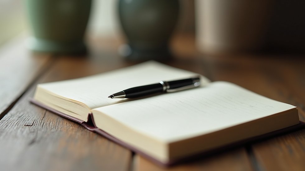 Close-up view of a journal and pen on a wooden table, symbolizing self-reflection and emotional expression