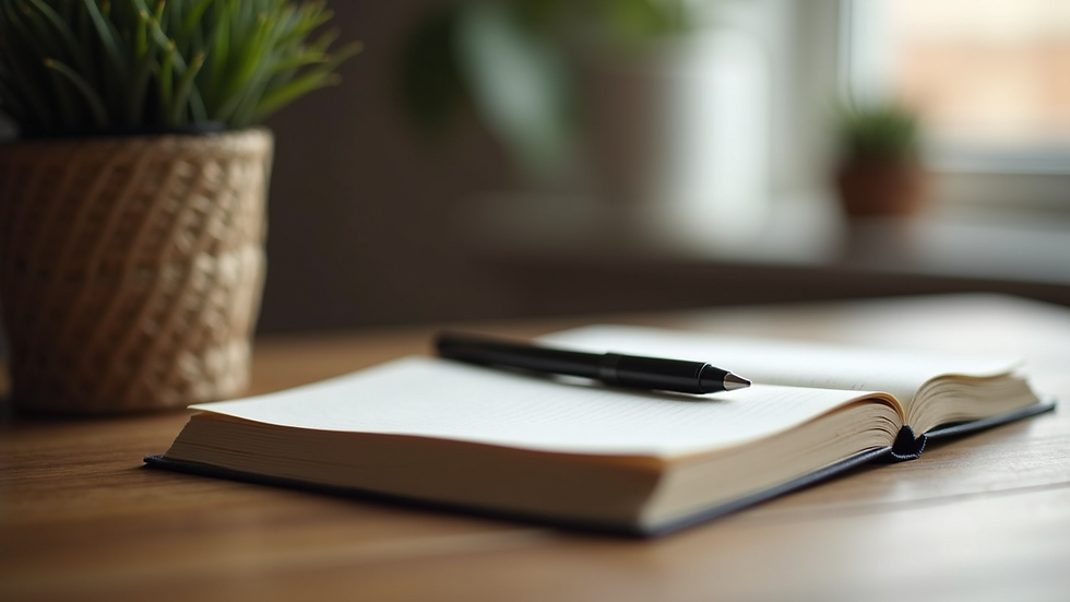 Close-up view of a journal and pen on a wooden table, symbolizing self-reflection and emotional growth