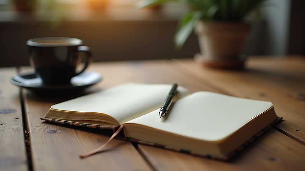 Eye-level view of a cozy journal and pen on a wooden table