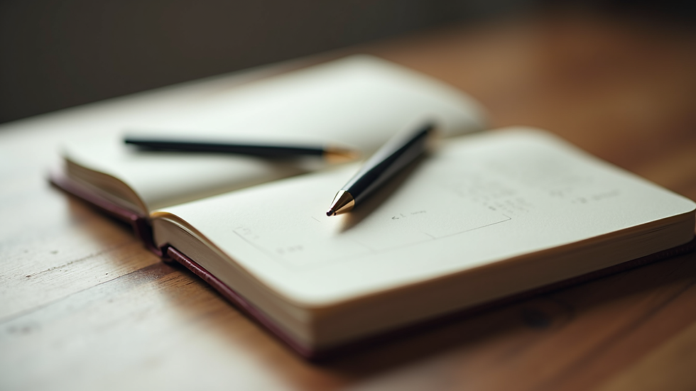 Close-up view of a journal and pen on a wooden table, symbolizing self-reflection and growth