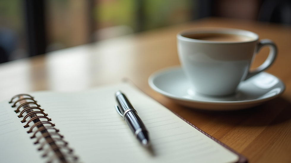 Close-up view of a notebook and pen on a table with a cup of coffee, symbolizing reflection and journaling