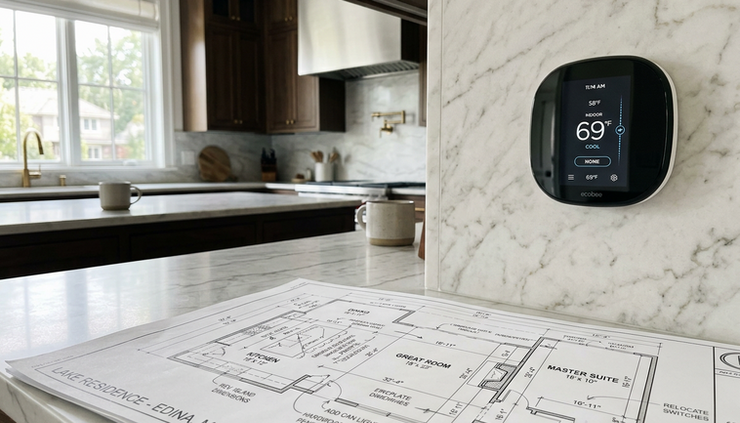 Close-up view of a thermostat and architectural plans on a stone kitchen counter.