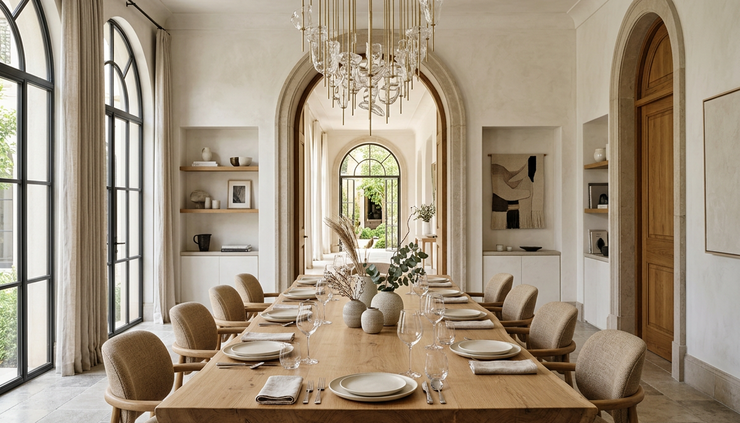 Eye-level view of a luxury dining room with a restrained table setting beneath a dramatic chandelier.